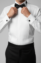 White Straight-Panel Hidden Buttons Tuxedo Shirt
